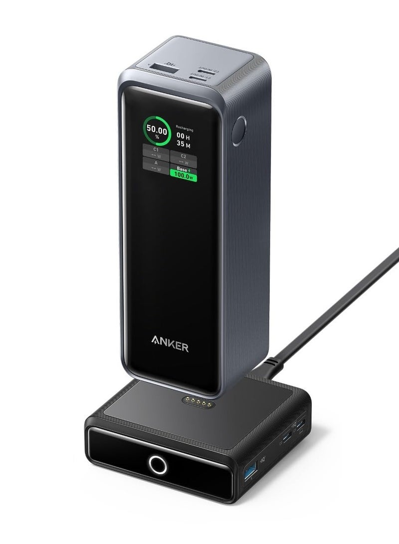 Anker Prime 27,650mAh Power Bank (250W) with 100W Charging Base, 3-Port Portable Charger, Smart App, Compatible with iPhone 15/15 Plus/15 Pro/15 Pro Max/14 Series, MacBook, Samsung, Dell, AirPods