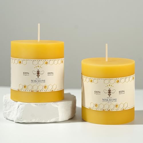 MAKALONE 2 Pack Natural Beeswax Candles,88 Hours Long Burning-Bees Wax Candles for Home,100% Pure Beeswax Pillar Candle for Emergency,Paryer,Parties,Unscented Dripless Smokeless Pillar Candle Bulk 2.8x3in - Image 1
