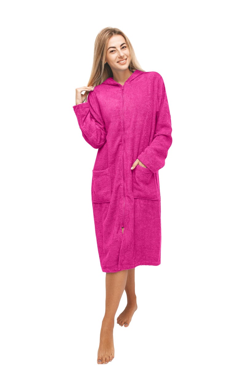 ALLEN & MATE Unisex Bathrobe with Zip 100% Terry Cotton Towelling Adult Hooded Drying Dressing Gown - Ideal for Men & Women (L, Pink) - Image 1
