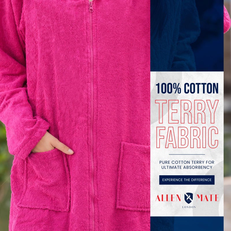 ALLEN & MATE Unisex Bathrobe with Zip 100% Terry Cotton Towelling Adult Hooded Drying Dressing Gown - Ideal for Men & Women (L, Pink) - Image 3
