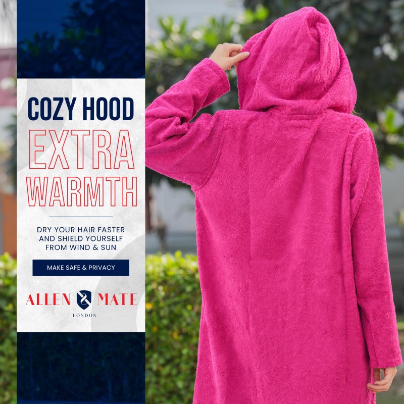 ALLEN & MATE Unisex Bathrobe with Zip 100% Terry Cotton Towelling Adult Hooded Drying Dressing Gown - Ideal for Men & Women (L, Pink) - Image 5