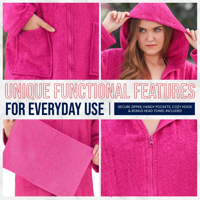 ALLEN & MATE Unisex Bathrobe with Zip 100% Terry Cotton Towelling Adult Hooded Drying Dressing Gown - Ideal for Men & Women (L, Pink) - Image 4