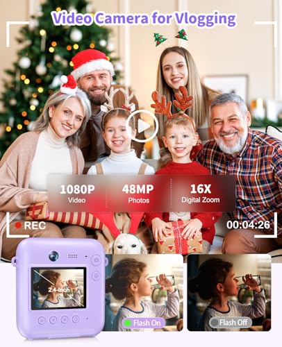 Sevenat Digital Camera for Kids Instant Print, 48MP Dual-Lens Kids Camera for Girls Boys Christmas Birthday Gifts, 1080P Video Selfie Instant Cameras, Portable Toddler for 4-12 Years with 32GB Card-Purple - Image 4
