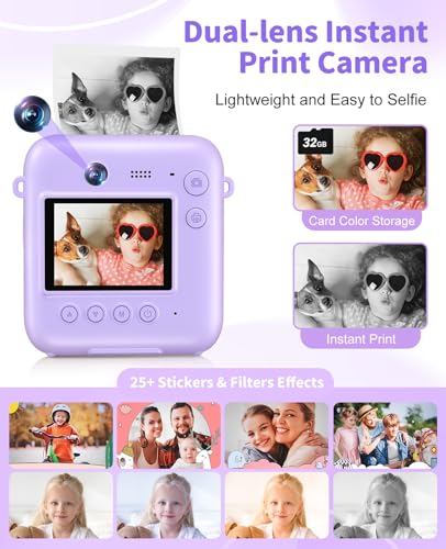 Sevenat Digital Camera for Kids Instant Print, 48MP Dual-Lens Kids Camera for Girls Boys Christmas Birthday Gifts, 1080P Video Selfie Instant Cameras, Portable Toddler for 4-12 Years with 32GB Card-Purple - Image 3