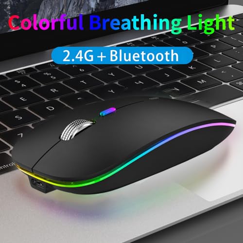 TENMOS Wireless Bluetooth Mouse, LED Slim (Bluetooth 5.1/5.0 + USB) 2.4GHz Rechargeable Silent Bluetooth Wireless Mouse with Type C Adapter for Laptop/MacBook/iPad OS 13 and Above (Matte Black) - Image 2