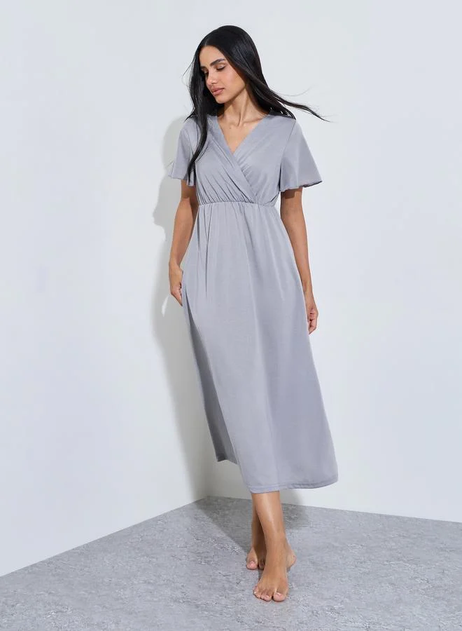 Styli Grey Solid Wrap Over Nightdress
