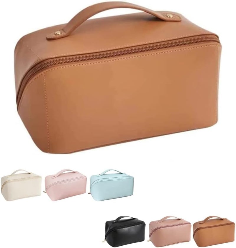 Large Capacity Travel Cosmetic Bag Waterproof Multilayer Leather Toiletry Organiser Blue Brown - Image 1