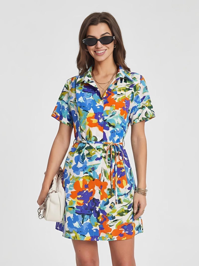 DATAMOUNT Short Sleeve Floral Sundress for Women 2026 with Wrap Belt Casual Summer Dress - Image 4