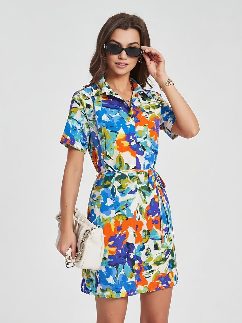 DATAMOUNT Short Sleeve Floral Sundress for Women 2026 with Wrap Belt Casual Summer Dress - Image 3