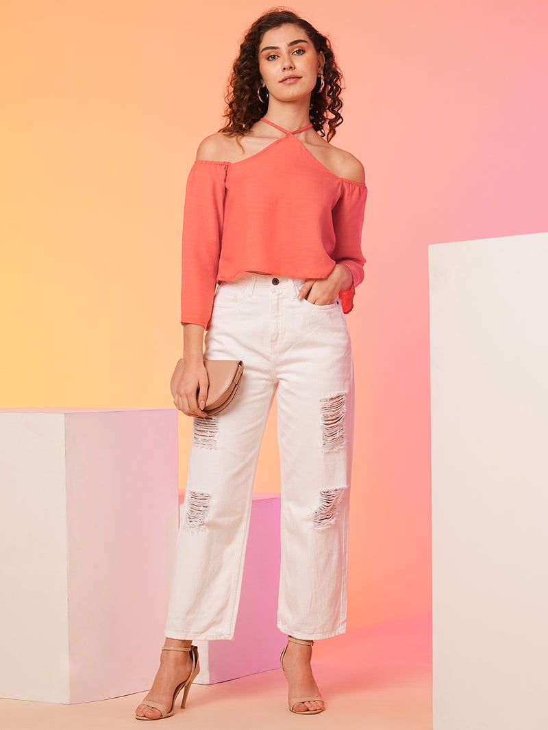 globus Globus Women Coral Loose Fit Tie-Up Neck Cold-Shoulder Sleeves Cotton Top - Image 5