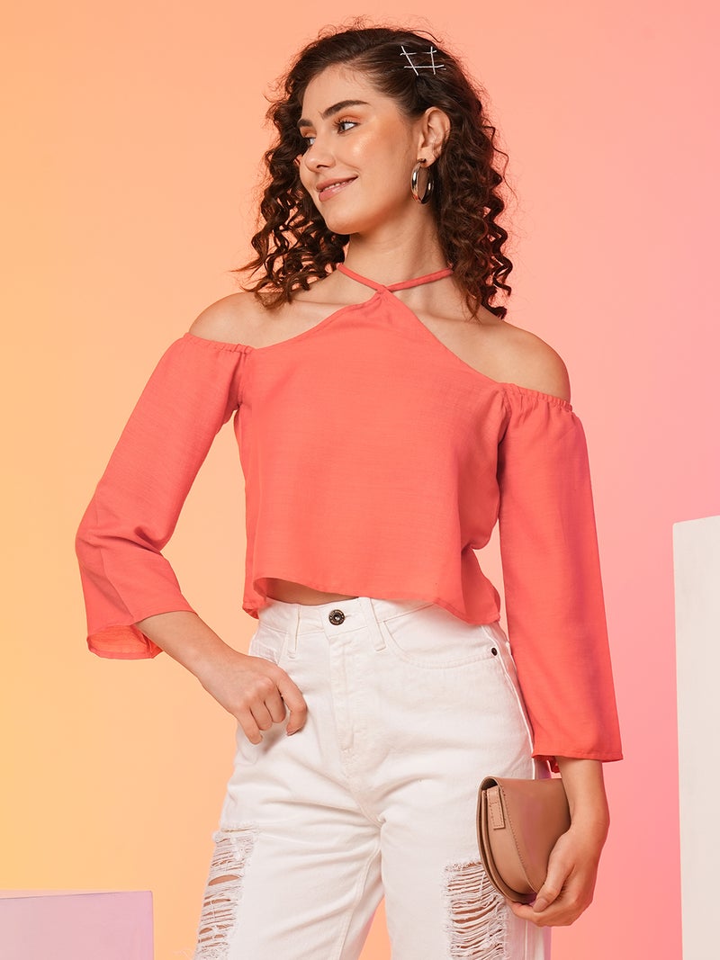 globus Globus Women Coral Loose Fit Tie-Up Neck Cold-Shoulder Sleeves Cotton Top - Image 1