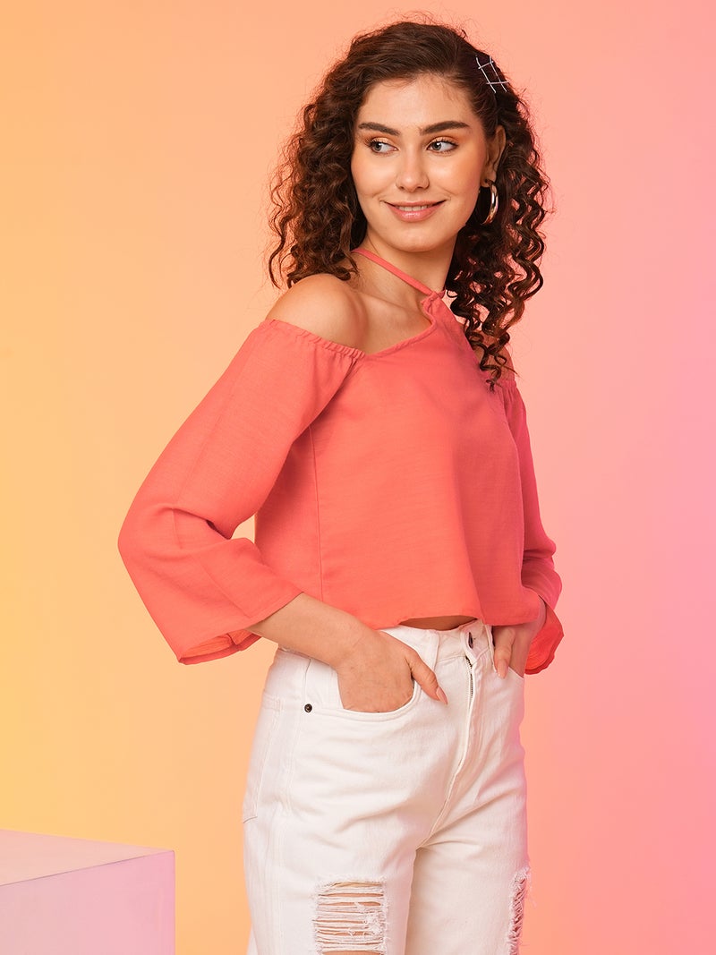 globus Globus Women Coral Loose Fit Tie-Up Neck Cold-Shoulder Sleeves Cotton Top - Image 2
