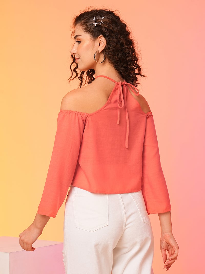 globus Globus Women Coral Loose Fit Tie-Up Neck Cold-Shoulder Sleeves Cotton Top - Image 3