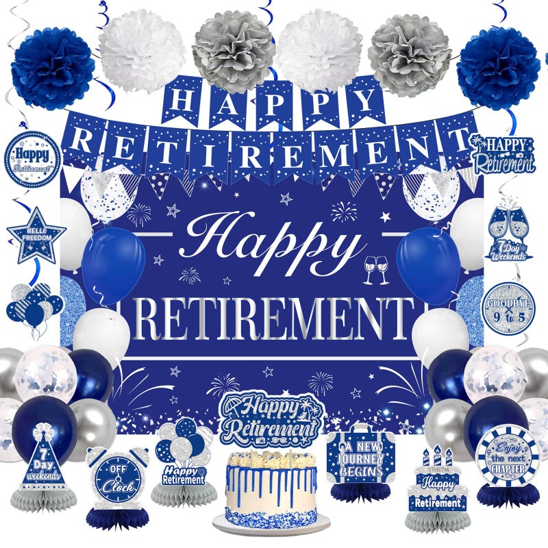 Retirement Party Decorations for Men Women Blue Silver Happy Retirement Banner Backdrop Balloons Paper Pompoms Honeycomb Centerpiece Cake Topper Hanging Swirl Set