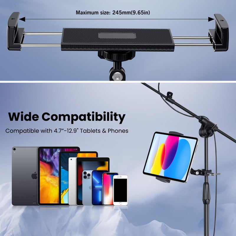CreaDream Tablet Holder for Microphone Stand, Aluminum Mic Music Stand Holder Mount for Phone and iPad, Adjustable Tablet Holder Compatible with Devices from 4.7 to 13 inch Tablets & Smartphones - Image 5