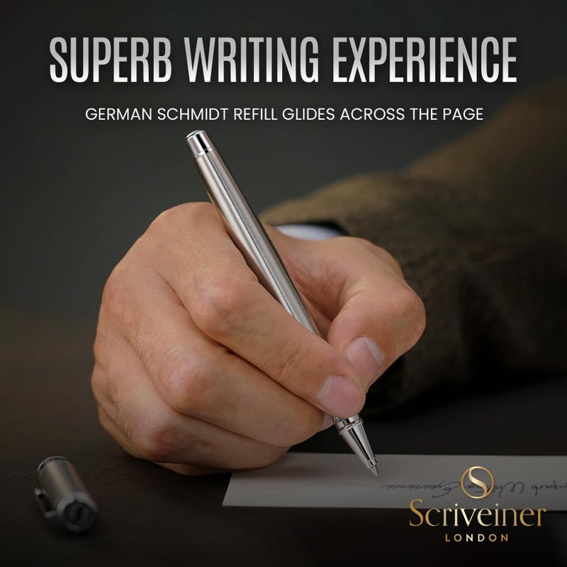 Scriveiner Stainless Steel Rollerball Pen - Stunning Luxury Metal Pen with Silver Chrome Finish, Schmidt Ink Refill, Best Roller Ball Pen Gift Set for Men & Women - Image 4