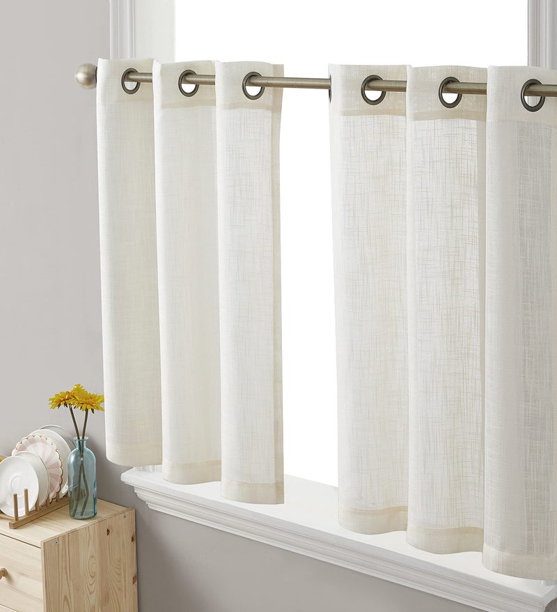 HLCME Abbey Faux Linen Textured Semi Sheer Privacy Light Filtering Transparent Grommet Short Thick Cafe Curtain Tiers for Small Windows Kitchen  Basement Set of 2 35 W x 36 L Oatmeal Beige