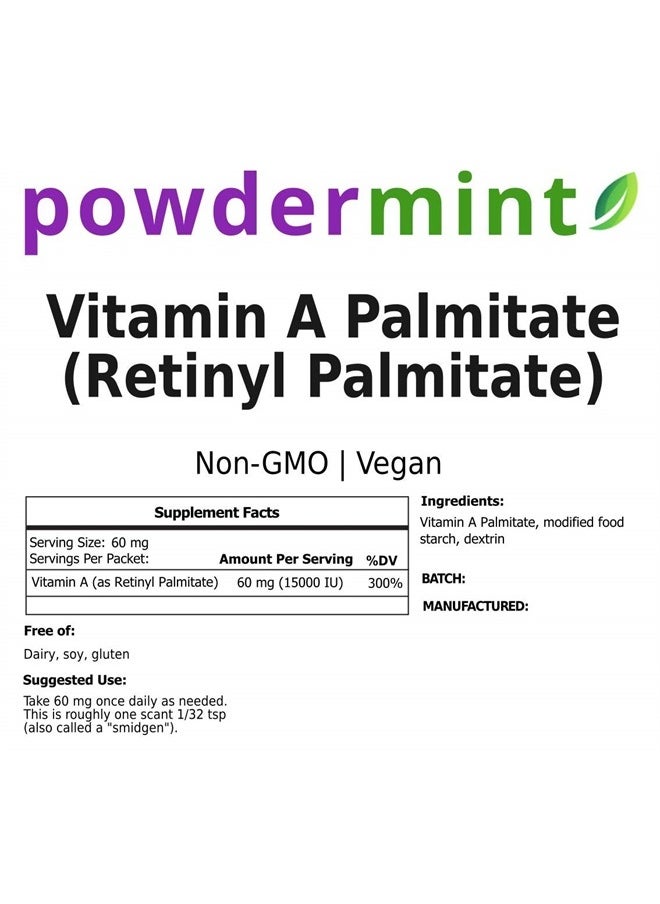 powdermint - Vitamin A Powder (Palmitate Powder, Retinyl Palmitate Powder, Retinol Powder) 15000 IU (Multiple Sizes) Non-GMO, Vegan, Wrinkle Reduction, Skin Health - Scoop Included (125 Grams) - Image 1