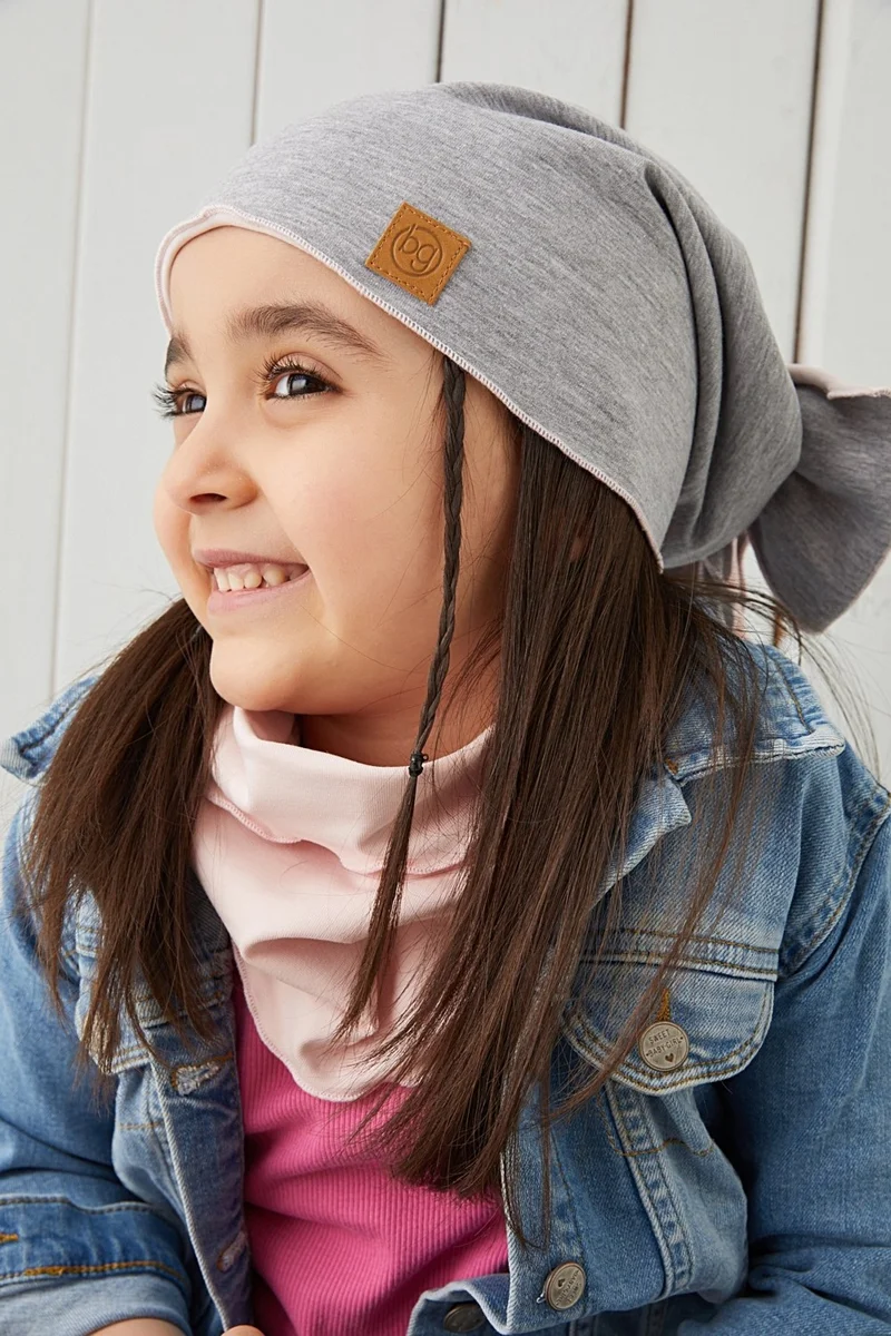 بيبيجيز Gray Powder Stringed Children's Baby Hat Beanie Soft Cotton Combed Cotton