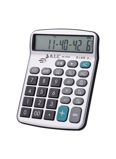 12-Digit Musical Desktop Calculator Large LCD Display Standard Function Electronic Calculator with Music Piano Play Function Time Date Alarm Clock Setting Volume Control for Classroom Office Business