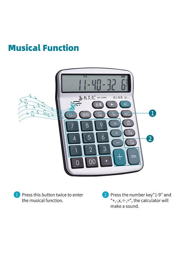 Generic - 12-Digit Musical Desktop Calculator Large LCD Display Standard Function Electronic Calculator with Music Piano Play Function Time Date Alarm Clock Setting Volume Control for Classroom Office Business - Image 1