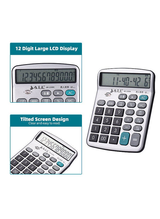 Generic - 12-Digit Musical Desktop Calculator Large LCD Display Standard Function Electronic Calculator with Music Piano Play Function Time Date Alarm Clock Setting Volume Control for Classroom Office Business - Image 1