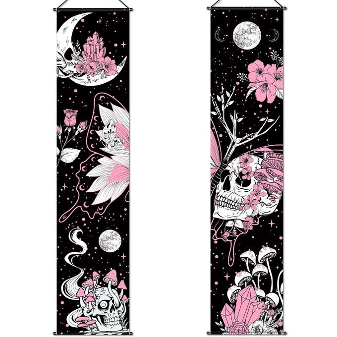 2 PCS SKULL TAPESTRY BANNER HIPPIE WALL DECORATION BUTTERFLY MUSHROOM ROOM WALL HANGING MOON STARS BOHEMIAN ABSTRACT MUSHROOM BACKDROP PHOTOGRAPHY BACKGROUND FOR HOME AESTHETIC DECOR ROOM BEDROOM