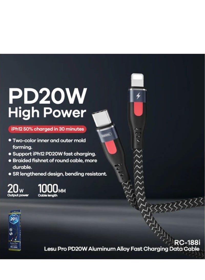 ريماكس كابل بيانات شحن سريع RC-188i، Lesu Pro بطول 1 متر PD20W من النوع C إلى 8 دبوس من سبائك الألومنيوم (أسود) - Image 2