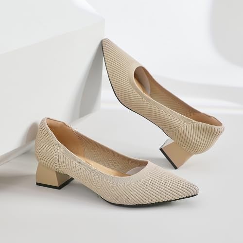 youngshow Women's Pumps Block Chunky Heels Solid Color Pointed Toe Slip On Pumps Casual Formal Comfortable Non-Slip Shoes Low Heels Dress Pump Shoes Apricot Size 9.5 - Image 5