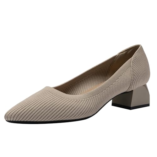 youngshow Women's Pumps Block Chunky Heels Solid Color Pointed Toe Slip On Pumps Casual Formal Comfortable Non-Slip Shoes Low Heels Dress Pump Shoes Apricot Size 9.5 - Image 1