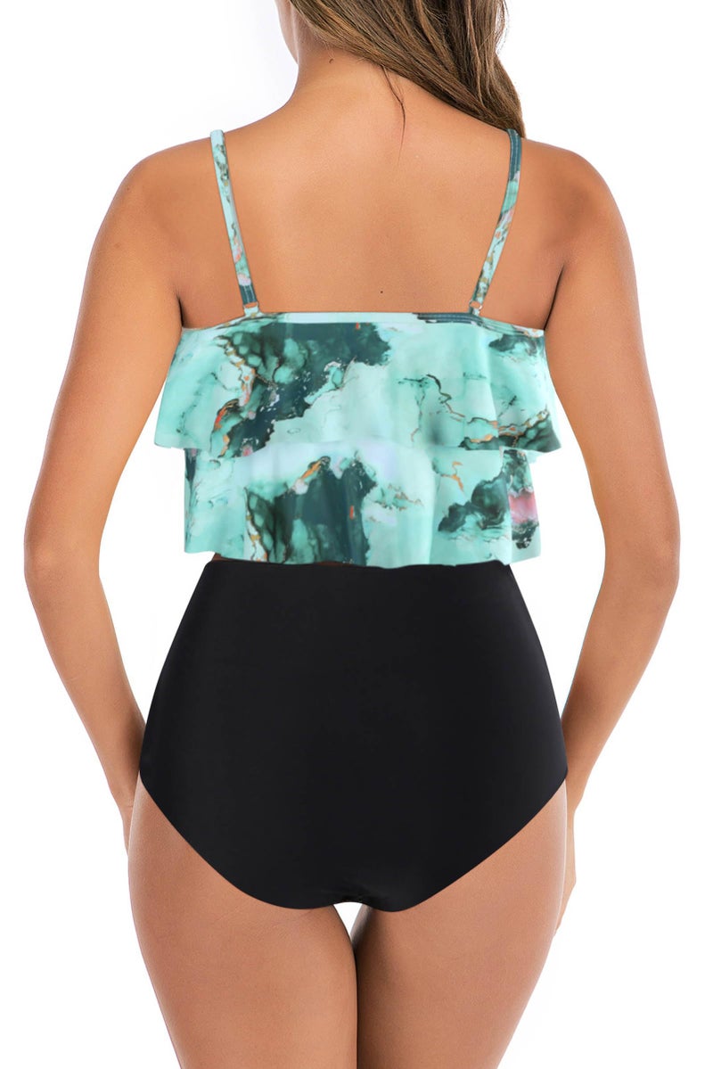 Adisputent Womens High Waisted Bathing Suits Flounce Halter Tankini Top Bikini Bottoms Tummy Control Modest Swimwear Two Piece Swimsuits Green Gold L - Image 2