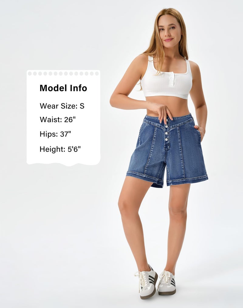 roswear Women's Jean Shorts Stretchy Baggy Half Elastic Waist with Button Fly Washed Blue Medium - Image 4