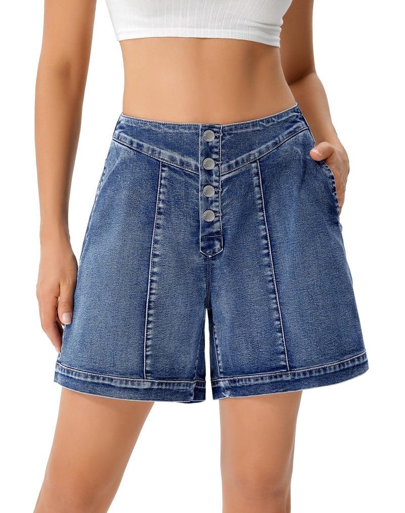 roswear Women's Jean Shorts Stretchy Baggy Half Elastic Waist with Button Fly Washed Blue Medium - Image 1