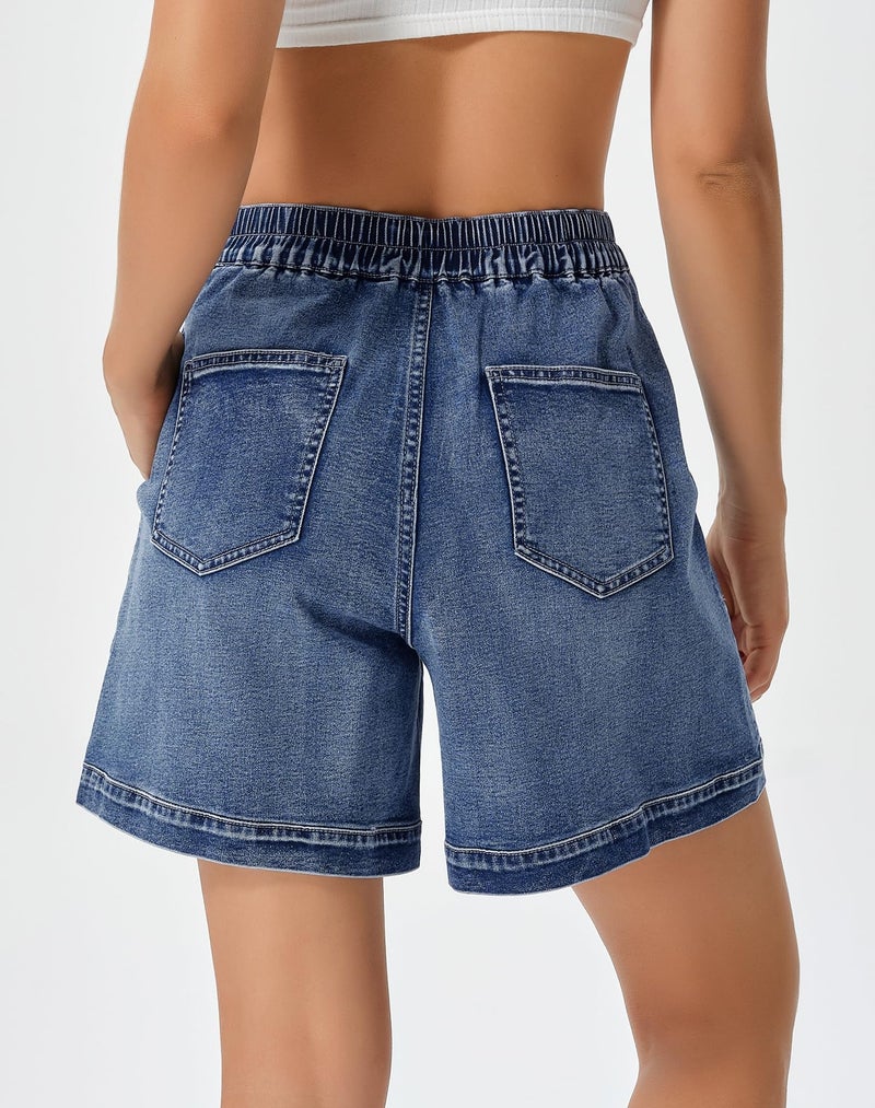 roswear Women's Jean Shorts Stretchy Baggy Half Elastic Waist with Button Fly Washed Blue Medium - Image 3