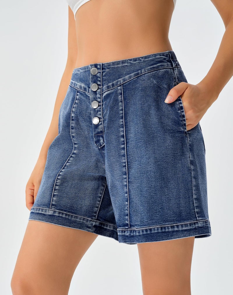 roswear Women's Jean Shorts Stretchy Baggy Half Elastic Waist with Button Fly Washed Blue Medium - Image 2