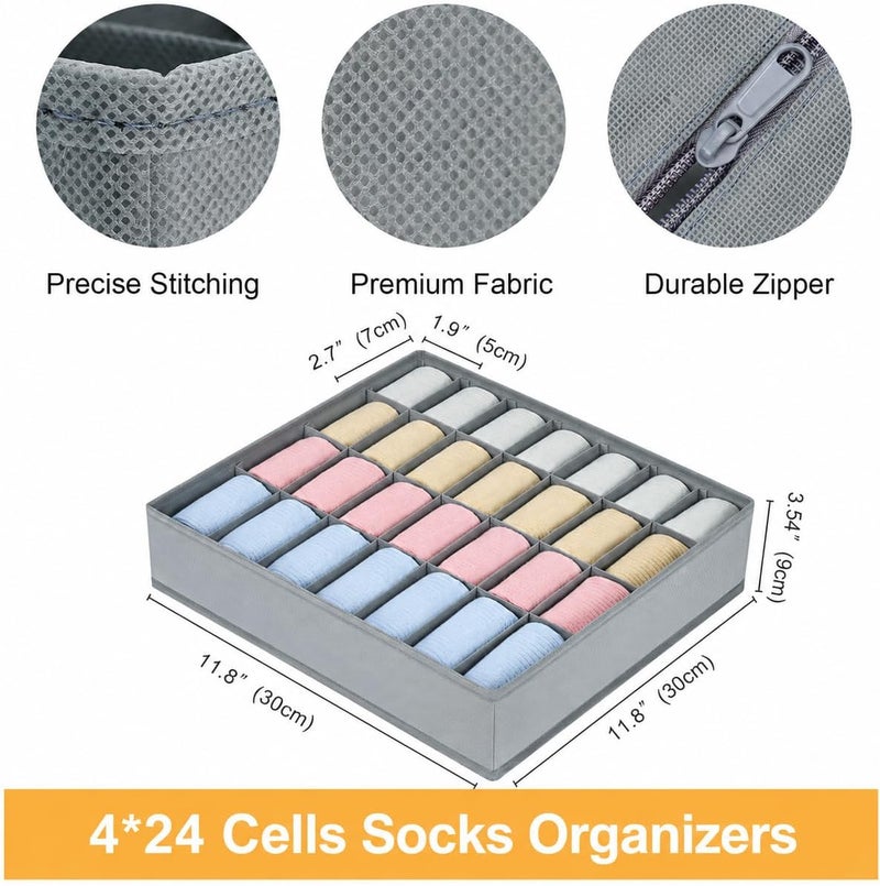 Easortm Sock Organizer 4 Pack, 24 Cell Underwear Organizer Foldable Underwear Storage, Sock and Underwear Drawer Organizer for Socks Ties Underwear Belts. (Gray) - Image 1