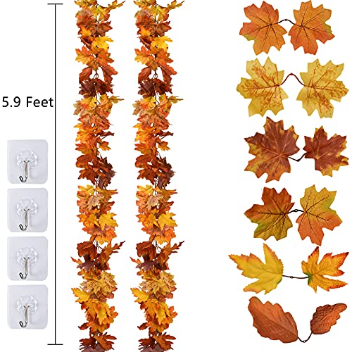 DearHouse 2 Pack Fall Maple Leaf Garland - 5.9Ft/Piece Hanging Vine Artificial Autumn Foliage for Thanksgiving, Home, Wedding, Fireplace, Party, Christmas Decor (Light Orange) - Image 4