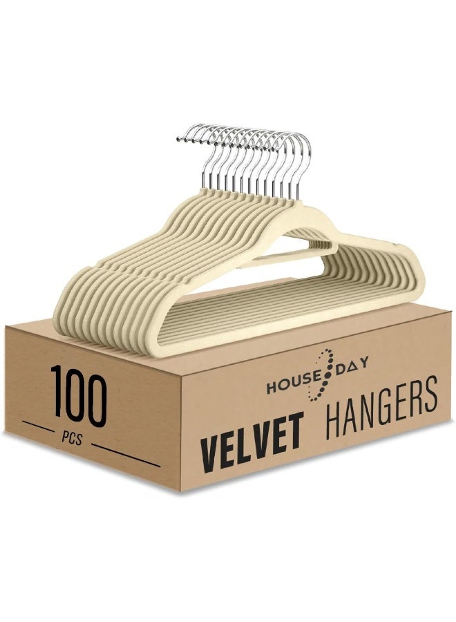 HOUSE DAY Clothes Hangers Pack of 100 Velvet Coat Hangers Non-Slip Space Saving Hangers Adult Hangers L16.8 D1/4" (Beige), One Size - Image 1