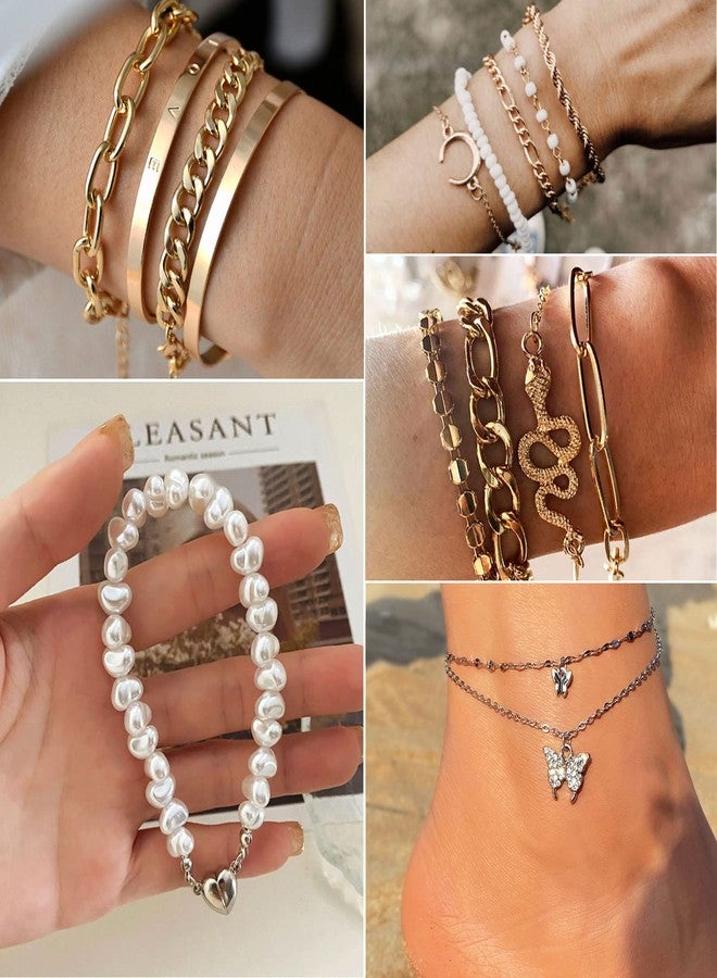 17IF 24 Pcs (7 Pack) Dainty Gold Silver Bracelet Set for Women, Boho Chain Ankle Layered Stackable Link Adjustable Chunky Bangle Jewelry Set (Half) - Image 4