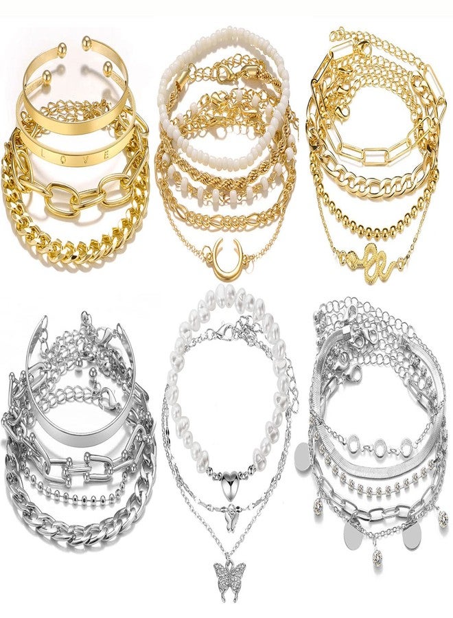 17IF 24 Pcs (7 Pack) Dainty Gold Silver Bracelet Set for Women, Boho Chain Ankle Layered Stackable Link Adjustable Chunky Bangle Jewelry Set (Half) - Image 1