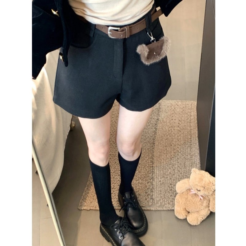 Slightly plump mm autumn and winter new straight casual outerwear leggings high-waisted A-line pants coffee woolen pants shorts women - Image 3
