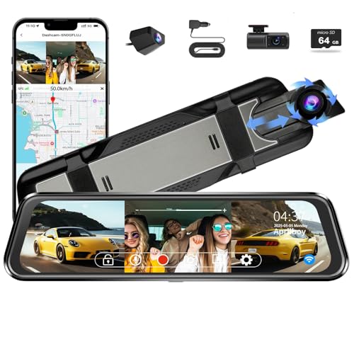 Aprilboy 3 Channel Mirror Dash Camera for Cars, Triple Rear View Mirror with Front 4K/3K, Inside and Rear 1080P with WiFi, G-Sensor, Night Vision, Reverse Assist, Parking Monitoring (Include 64GB Card) - Image 1