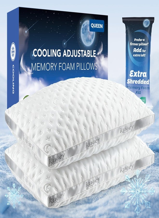 KUCEY Luxury Cooling Side Sleeper Pillow for Neck and Shoulder Pain, Medium Firm Bed Pillows Queen Size Set of 2 Luxury Shredded Memory Foam for Sleeping Adjustable Washable Cover Crescent White - Image 1