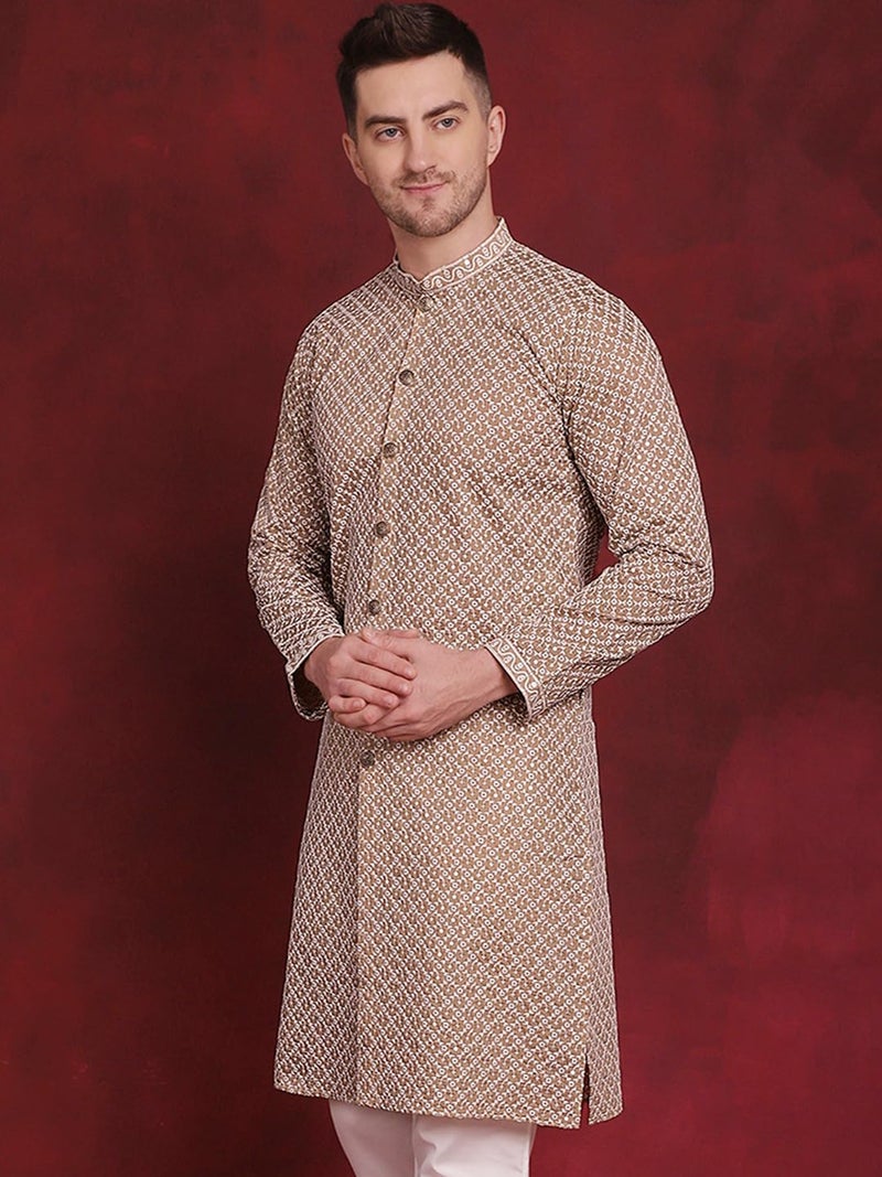 Jompers Men's Sequin Chikankari Front Open Kurtas (Beige, L) - Image 3