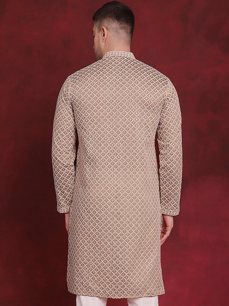 Jompers Men's Sequin Chikankari Front Open Kurtas (Beige, L) - Image 2