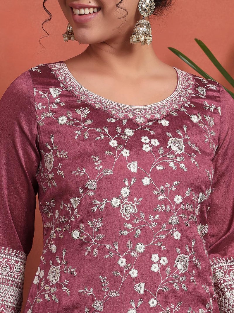 SHOPPING QUEEN Women's Silk Blend Embroidered Kurta and Palazzo Set (A588_Old Mauve_XL) - Image 4