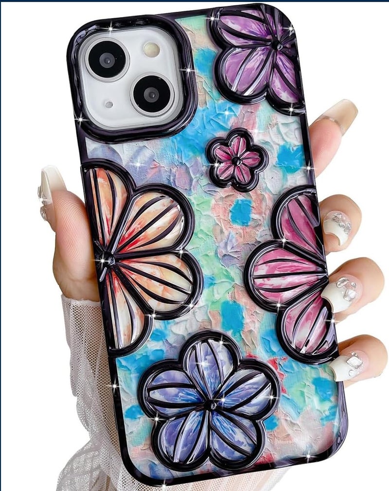 mobistyle Designed for iPhone 14 Plus Cover| Electroplating TPU Bling Colourful 3D Floral Camera Protection Back Cover Case for Girls & Women (Black Electroplating Flowers) - Image 1