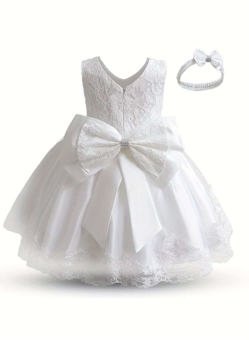 Baby Girl Princess Dress – Sleeveless Lace Tutu Party Dress for Toddlers, Birthday Dress, Tulle Dress, Girls Frock, Baby Girl Dress, Bowknot Gown – White, 90cm - Image 1