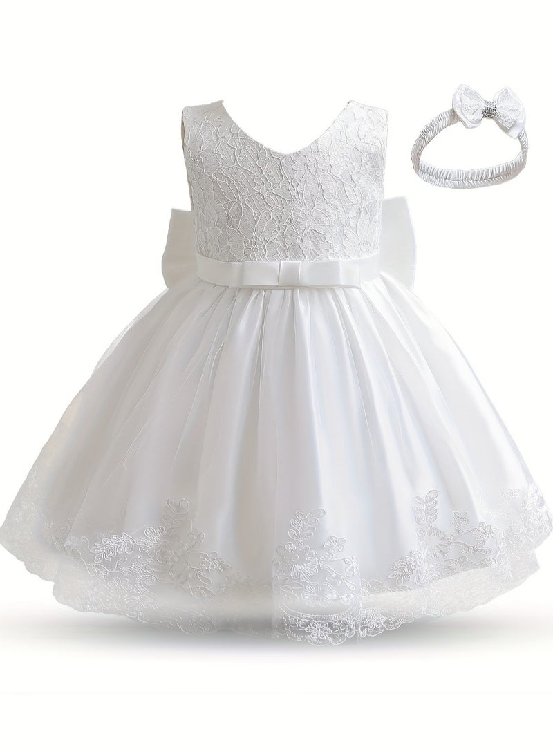 Baby Girl Princess Dress – Sleeveless Lace Tutu Party Dress for Toddlers, Birthday Dress, Tulle Dress, Girls Frock, Baby Girl Dress, Bowknot Gown – White, 90cm - Image 2