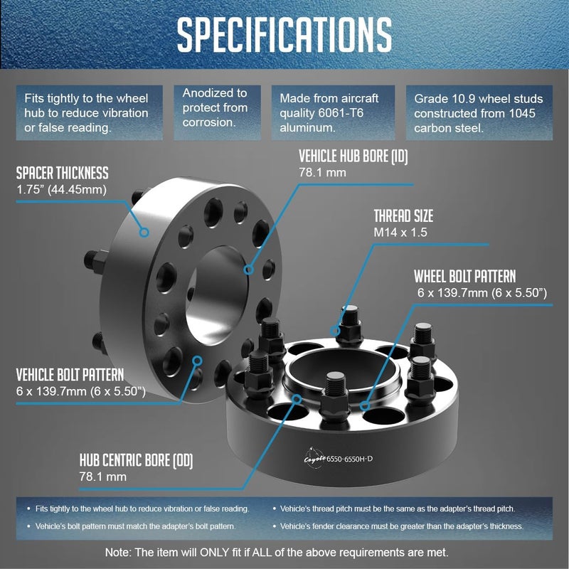 Coyote 6550-6550H-D.2 Hub Centric Wheel Adapter 6x5.5 for Chevy and GMC Vehicles - Image 3
